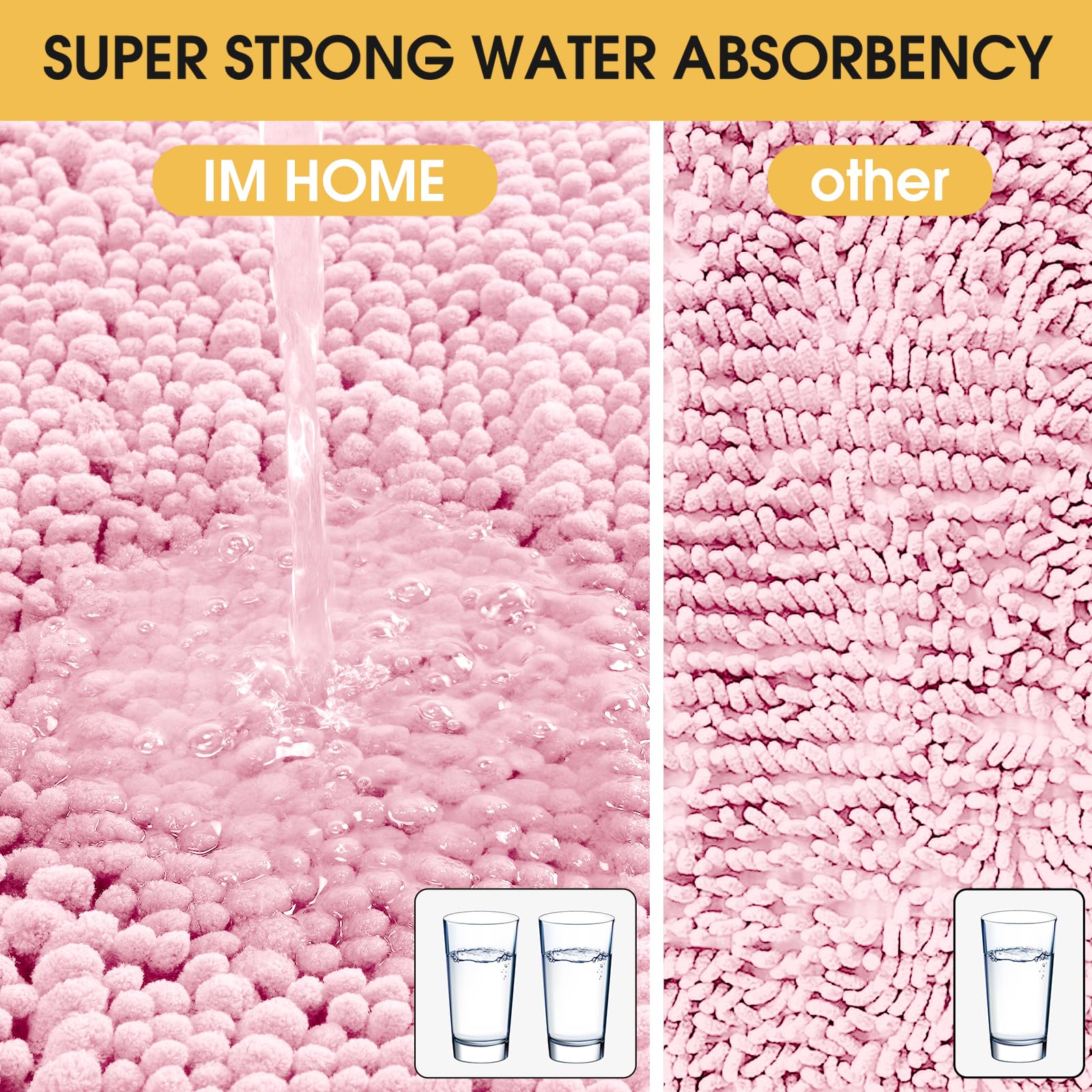 Accumtek Upgrade Extra Large Pink Bathroom Rug Set 3 Pieces Ultra Soft, Thick Absorbent Bath Mats, Non Slip Chenille Toilet Mat